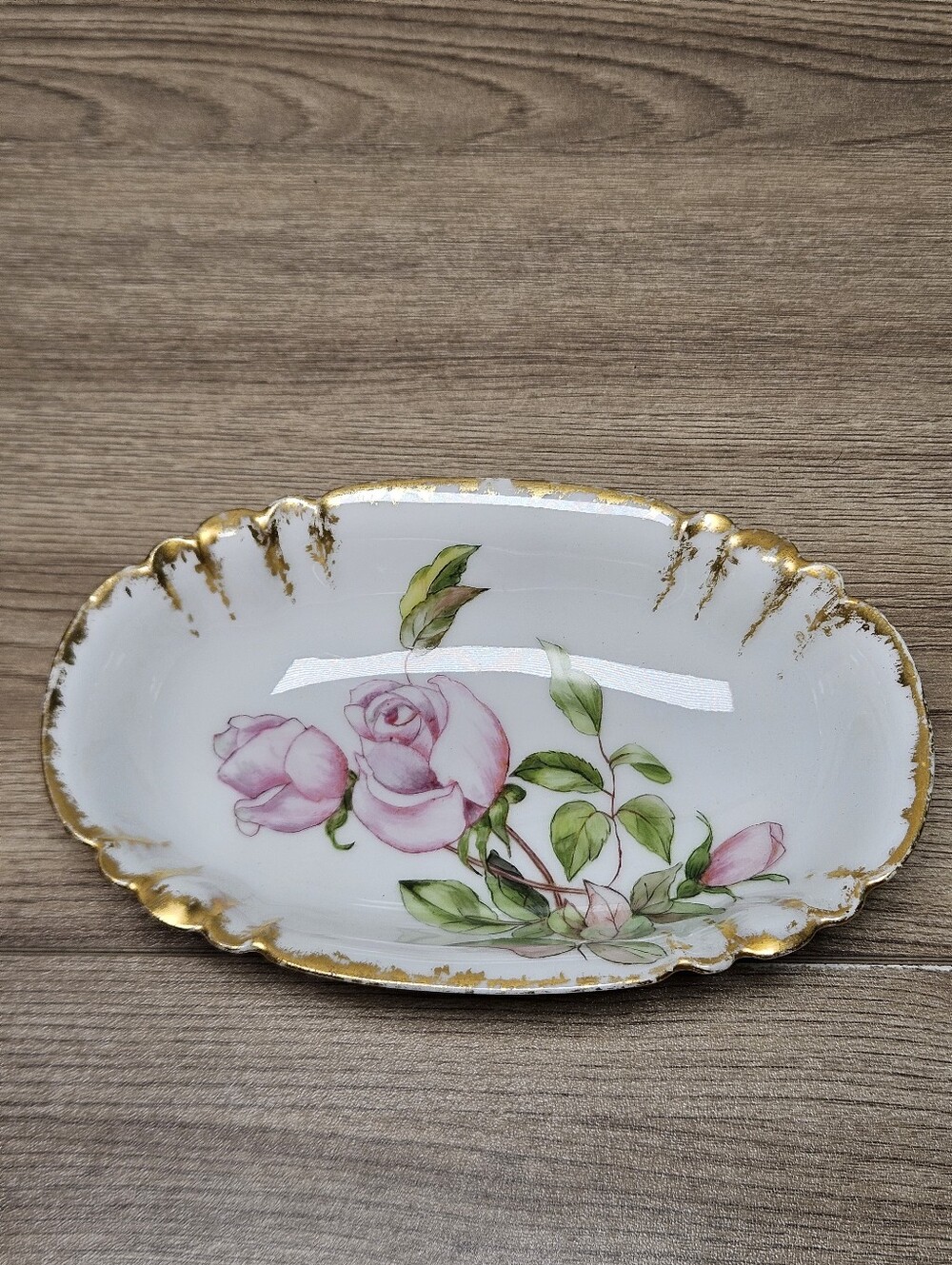 Antique Haviland Limoges France Pink Roses Gold Gilt Relish Bowl Dish 6"